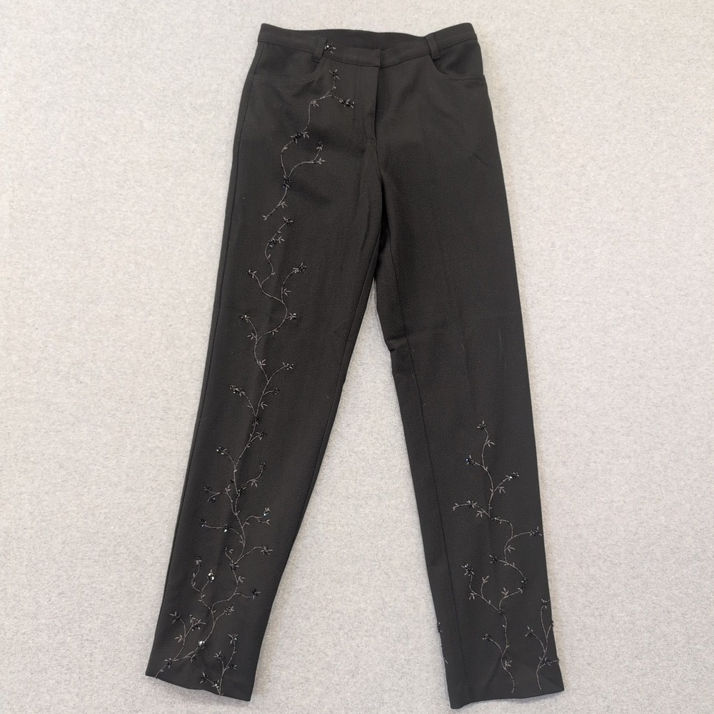 Casual Corner Stretch Black Beaded Floral Straight Leg Pants Women Size 2 - Picture 1 of 5